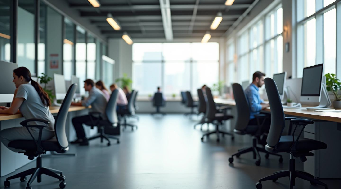 Professional office workspace with ergonomic furniture setup