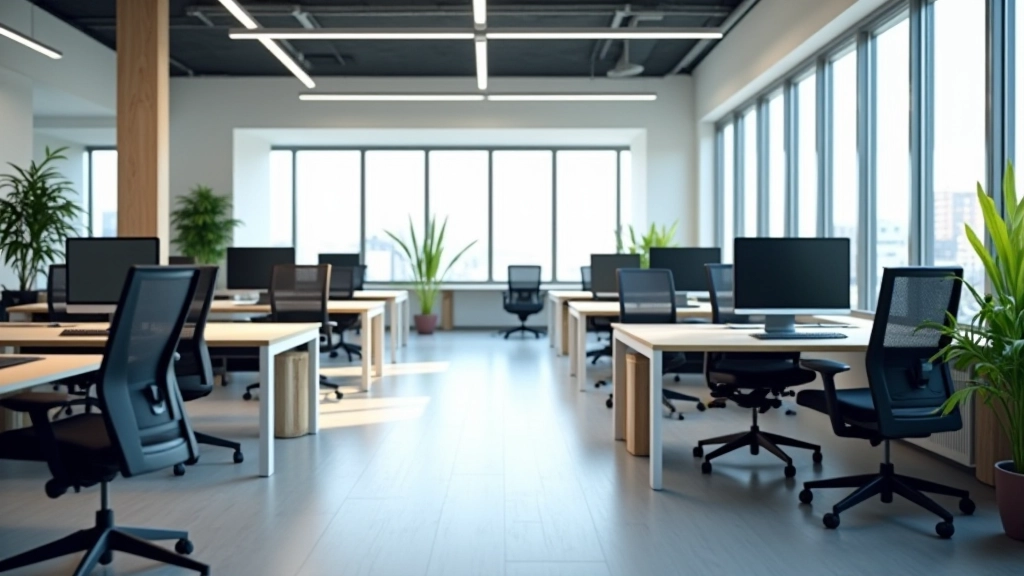 Corporate office interior showing multiple ergonomic workstations with modern furniture and collaborative meeting space