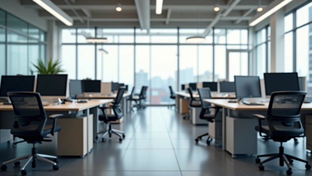 Professional office layout with organized workstations and ergonomic furniture arrangement