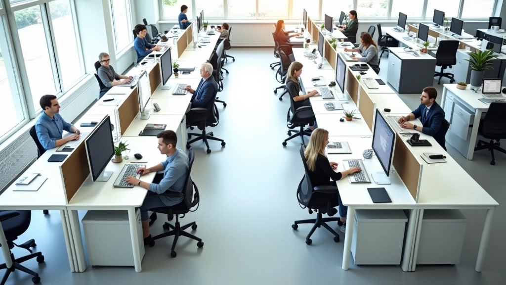 Office floor plan showing desk layout with measurements, spacing, and workflow patterns in a corporate environment