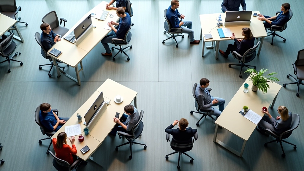 Overhead view of organized office workspace with multiple workstations
